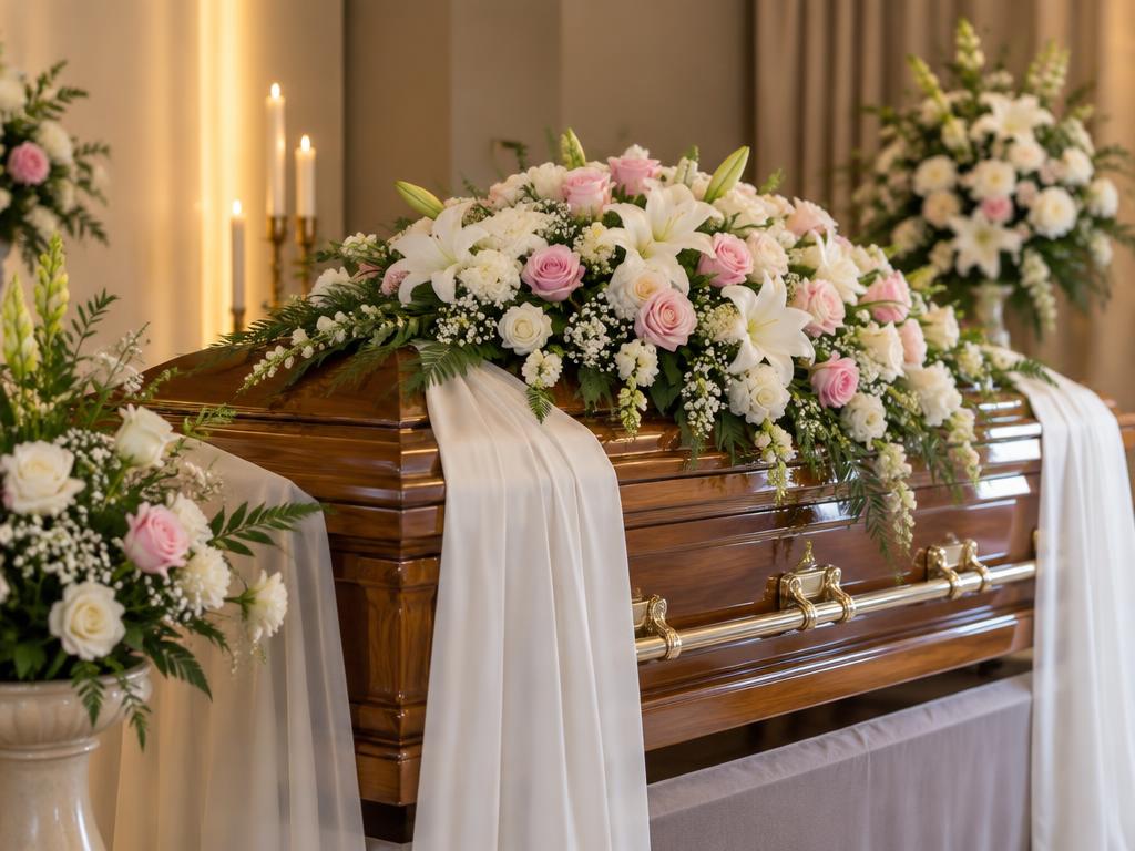 Casket decoration with flowers and draped fabric