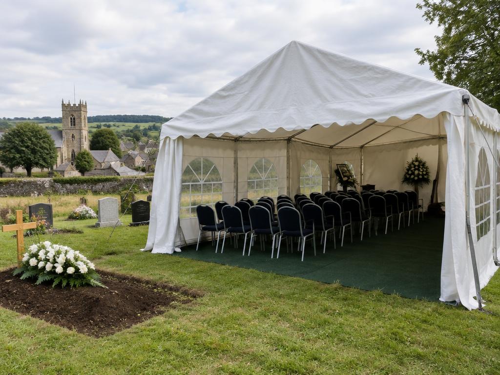 Funeral marquee tent set up at a gravesite