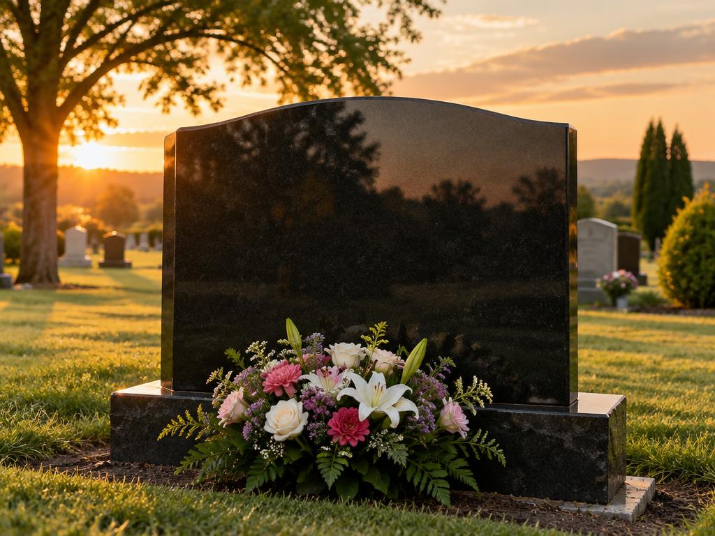 Granite tombstone with flowers at its base